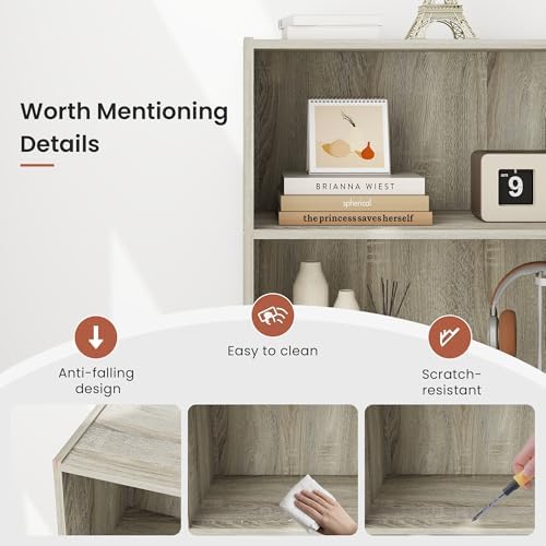 Wood Modern Bookshelf with 3 Display Shelves, Three-Tier Wooden Standing Bookcase, Bookshelf with Rustic Wood Shelves fo