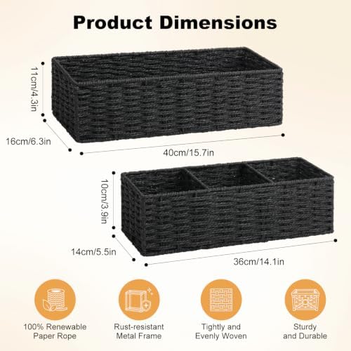 Wicker Toilet Paper Storage Basket Set of 2 for Shelves, Black