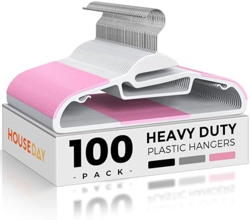 HOUSE DAY Slim Plastic Hangers with Non Slip Rubber Pads, 100 Pack, Pink