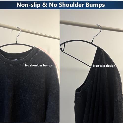 16.5 Inch Black No Shoulder Bumps No Mark Non-Slip Rubber Coated Contour Meta Hanger for Sweater T-Shirt Suit Coat Uniform with Pants Bar Pack of 10
