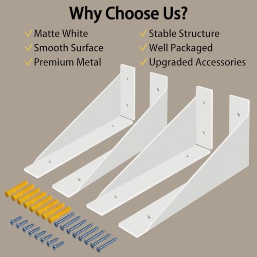 BRATA Wall Shelf Brackets 12 Inch White, 4 Pack, Brackets for Shelves
