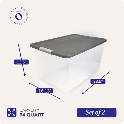 HOMZ Clear Plastic Storage Bin with Secure Latching Gray Lid, 64 Qt, 2 Pack