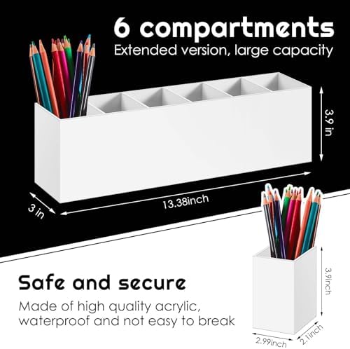 Jetec 6 Compartments Acrylic Pen Holder, Pencil Makeup Brush Holder, White