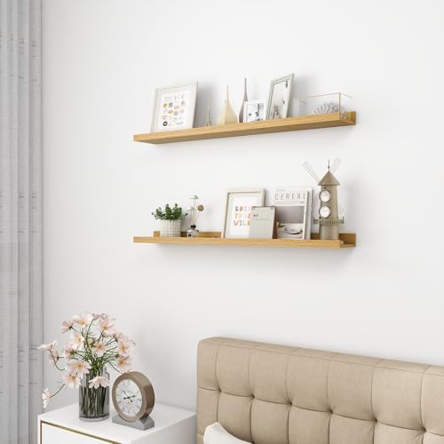 36 inch Picture Ledge Shelf, Wood Floating Shelves, Color Oak, Set of 2