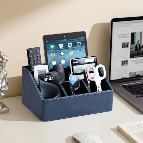 PU Leather Desk Organizer, Remote Control Holder, Dark Blue