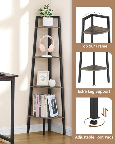 Hoctieon Corner Shelf, 4-Tier Corner Bookshelf, Rustic Ladder Shelf, Industrial Display Stand for Living Room, Kitchen, 