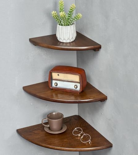 Corner Shelves, Floating Corner Shelf, Set of 3 Solid Oak Wood Corner Wall Shelves, Round End with Wire Hole Shelving fo