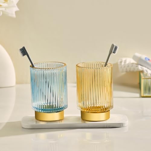 Makeup Brush Holder Organizer,Toothbrush Holders,Desk Pen Pencil Holder,Multifunctional Vintage Glass Brush Cup（S+L/Blue
