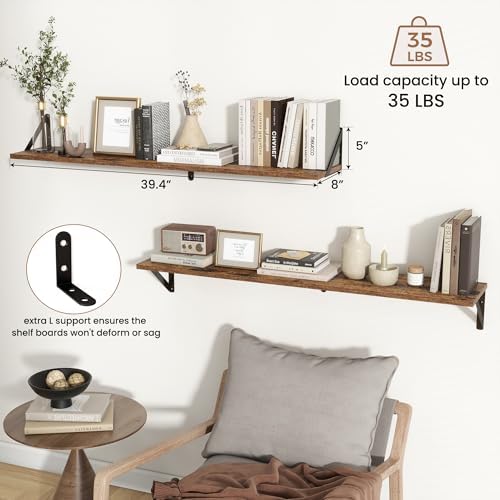 Axeman 40 Inch Floating Shelves, 8 Inch Deep Brown Wall Shelves Set of 2