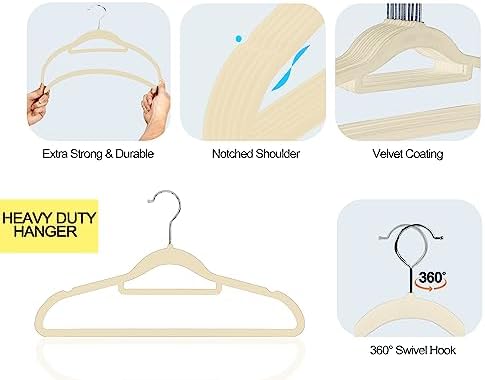 GVTECH Premium Velvet Hangers, [50 Pack] Non Slip and Heavy Duty Velvet Suit Hangers (45cm) with Tie Bar, 360° Swivel Hooks, Sturdy to Hold Jumper, Pullovers, Jackets & Hoodies (50 Pack, Ivory)