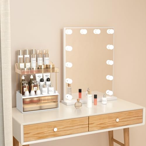 Bathroom Counter Organizer with 2-Drawer, 3 Tier Makeup Organizer Countertop, Multi-Purpose Makeup Skin Care Organizer f