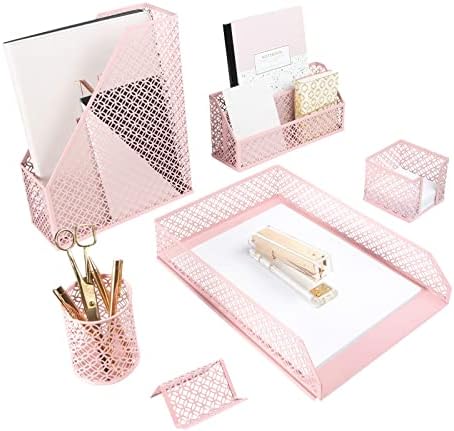 BLU MONACO Pink Desk Organizer Set | 6-Piece Metal Desktop Accessories | Mail Sorter Organizer Countertop | Letter Sorter for Desk | Mesh Pen Holder | Home Office or Dorm
