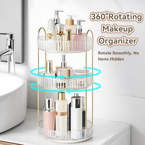 360° Rotating Makeup Organizer for Vanity, 3 Tier Perfume Organizers, Clear