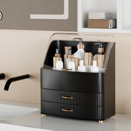 Makeup Organizer Countertop Vanity with Transparent Lid Drawers Waterproof Dustproof Cosmetic Skincare Bathroom Storage 