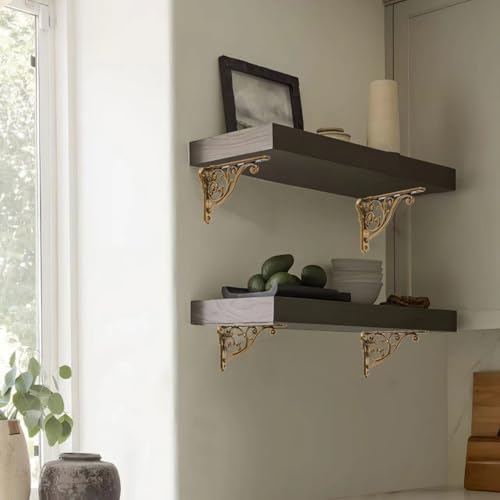 Ornate Decorative Shelf Brackets 5x3.5 inch Small Wall Mounted Shelving Bracket 4 Pack Antique Brass Vintage Shelf Brack