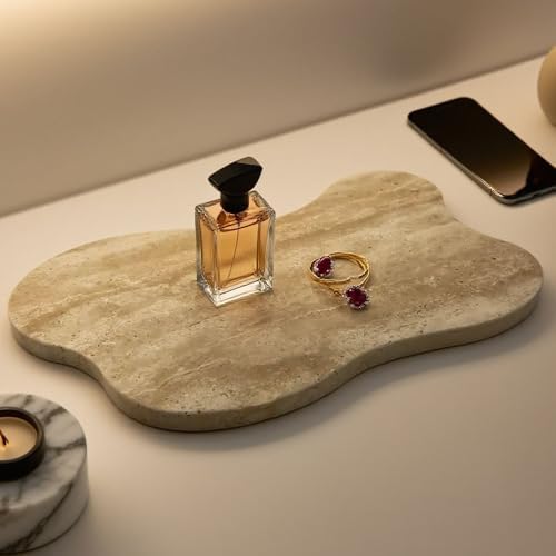 Cloud Shaped Travertine Vanity Tray, 13.3 x 8.3 Inch Natural Stone Decorative Catchall Tray for Bathroom Countertop, Bei