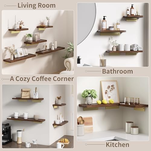 Danpoo 8 Inch Solid Wood Wall Shelf for Storage, Wall Mounted Rustic Walnut Wood Shelves for Bathroom, Living Room, Bedr