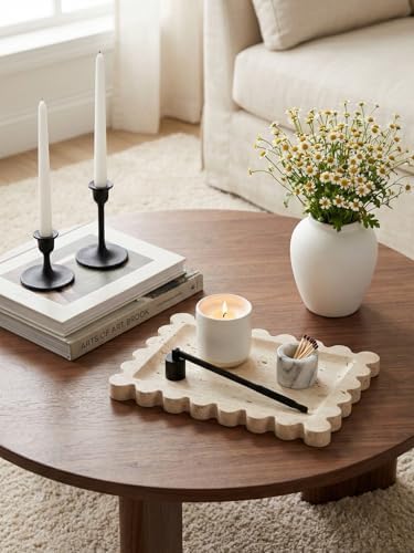 Denique Natural Travertine Tray with Scalloped Edge, 10.8x8 Rectangle Vanity Tray for Bathroom Kitchen Countertop, Beige