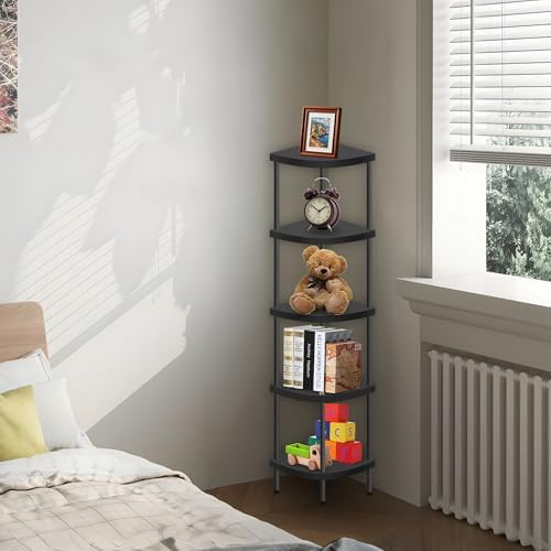 Qupui 5 Tier Plastic Corner Shelf Stand, 54” Tall 90° Right Angle Corner Bookshelf, Multipurpose Plant Display Rack, Hom