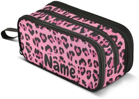 Custom Hot Pink Black Leopard Print Pencil Case Box Boys Girls Personalized Name Large Pencil Pouch Stationery Pen Bag Organizer for Kids Adults School Office
