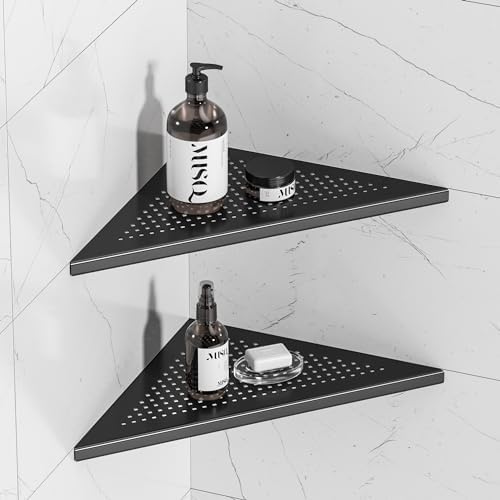 Neodrain 12" Matte Black Corner Wall Shelf with Quadrato Grate, Set of 2