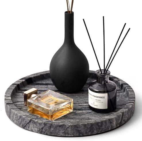 Natural Marble Vanity Tray for Bathroom Bedroom Kitchen Dresser, Round Decorative Trays for Jewelry, Perfume, Cosmetic, 