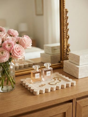 Denique Natural Travertine Tray with Scalloped Edge, 10.8x8 Rectangle Vanity Tray for Bathroom Kitchen Countertop, Beige