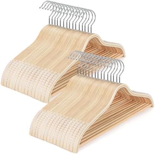 TOPIA HANGER Sleek Wooden Hangers with Non-Slip Rubber Grips, Sweater Hangers No Shoulder Bump, Lightweight Clothes Hangers 30-Pack, 360° Swivel Hook and Pants Bar-CT63N30