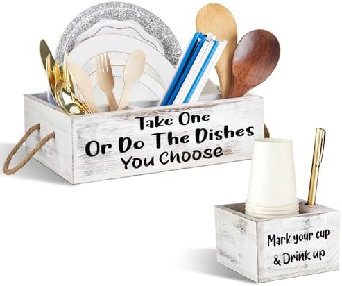 Suzile 2 Pcs Paper Plate Caddy Kitchen Utensil Holder, Wooden Organizer Set