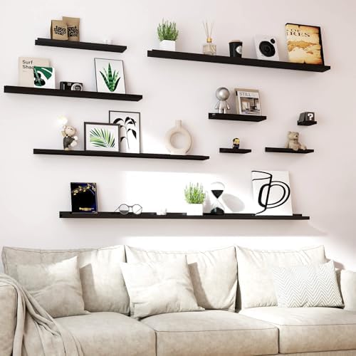 Black Floating Shelves for Wall Decor, 71 in Shelf with Lip, 2 Set