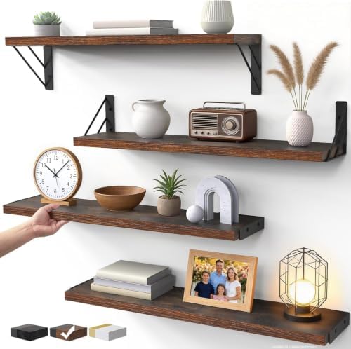 BAYKA 22.4 Inch Long Wall Mounted Floating Shelves (Rustic Brown, Set of 4)