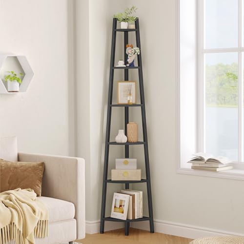Hoctieon Corner Shelf, 6-Tier Corner Bookshelf, Rustic Ladder Shelf, Industrial Display Stand for Living Room, Kitchen, 