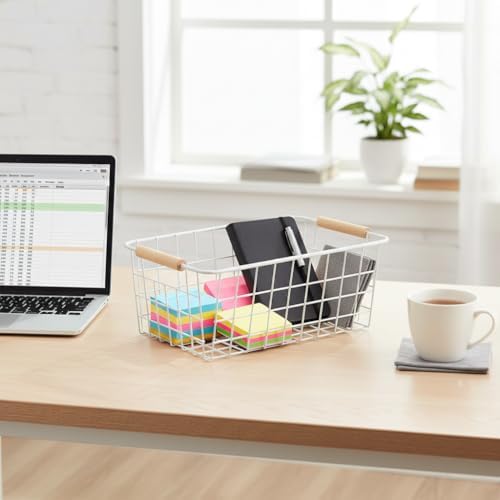Metal White Wire Basket,Food Storage Organizer with Wooden Handles, pantry organizers and storage for Organizing Kitchen