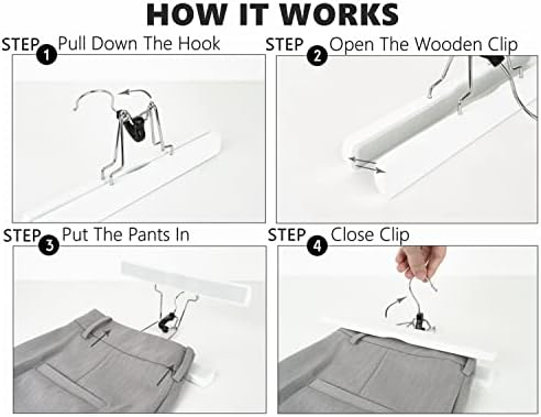 Amber Home 10 Pack White Wooden Pants Clip Hangers, Wood Skirt Hangers