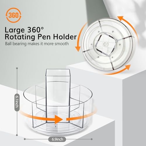 Rotating Pencil Holder for Desk, 5 Slots 360-Degree Spinning Acrylic Pen Holder for Desk, Marker Holder Caddy Art Supply Organizer Pen Organizer for Office Home School