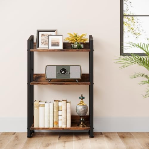 Hosfais Book Shelf Small Bookshelf: 3-Tier Wood Bookcase Industrial Bookshelf with Edge Protection Metal Narrow Bookcase