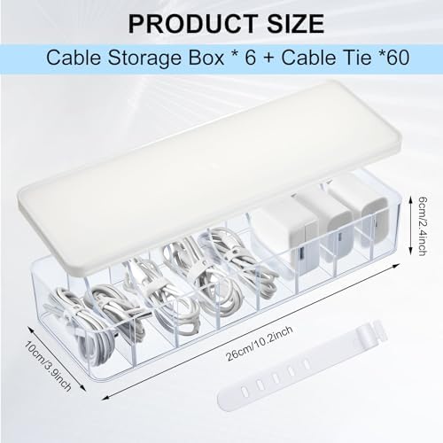 Tatuo Cord Organizer Box with Lid, Clear, White, 6 Pack