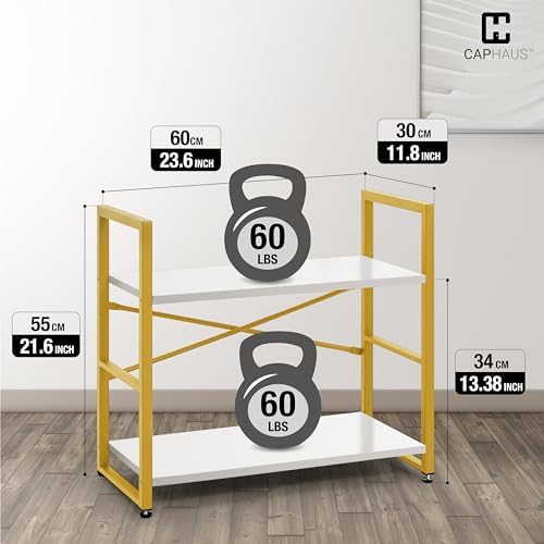 CAPHAUS 2 Tier Small Bookshelf, Bookcase Shelf Storage Organizer for Living Room, 24 Inch Width Free Standing Shelf, Ind
