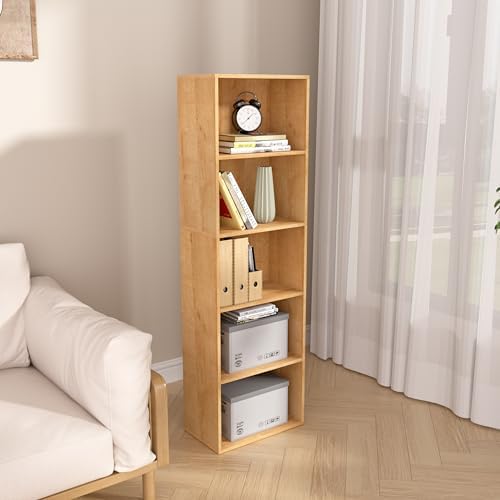 Wooden 5 Cube Storage Organizer, Oak 5 Tier Bookcase Bookshelf Freestanding Storage Display Organizer, Versatile Cubes O