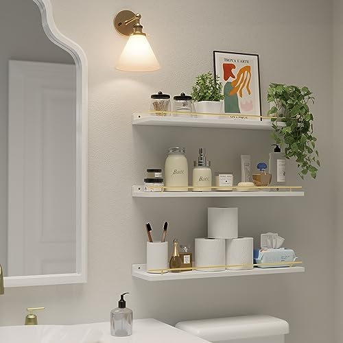 WOPITUES Floating Shelves 24 inch with Gold Metal Guardrail, Shelves for Wall Decor Set of 3, Wall Shelves for Bedroom, 
