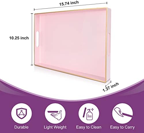 Gifturbo Pink Serving Trays,Decorative Serving Tray with Handles, Coffee Table Rectangular Trays Plastic Tray for Ottoma
