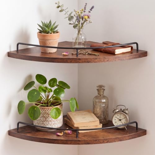 Novabright Corner Floating Shelf Set of 2 Rustic Brown Wood 12 Inches