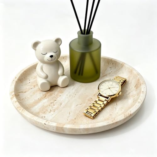 Vanity Tray for Bathroom, Dresser, Counter, Home Decor 10.24” D x 1.18”H Travertine Round Decorative Tray for Candles, P