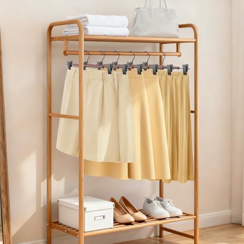 Wooden Pants Hangers with Clips 24 Pack, Heavy Duty Adjustable Clip Non Slip Skirt Hanger for Jeans, Trousers, Short, Clothes, Space Saving Closet Organizer (Black, 24 Pack)