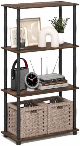 Furinno Turn-N-Tube Storage Shelves, 4-Tier Open Frame Book Shelf, Standing Corner Shelf, Toolless Open Shelves, Classic