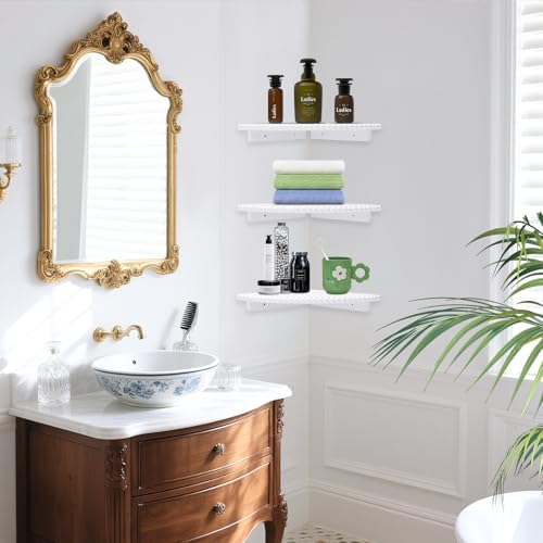 Lamapggio Corner Floating Shelves with Double Support Brackets, 3 Pack Wood Wall Mount Round Display Shelf for Bedroom, 