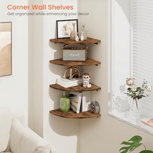 Homode Corner Wall Shelf, 12 Inch Wide Wooden Corner Floating Shelves with Cord Hole, Set of 4 Round Corner Hanging Stor
