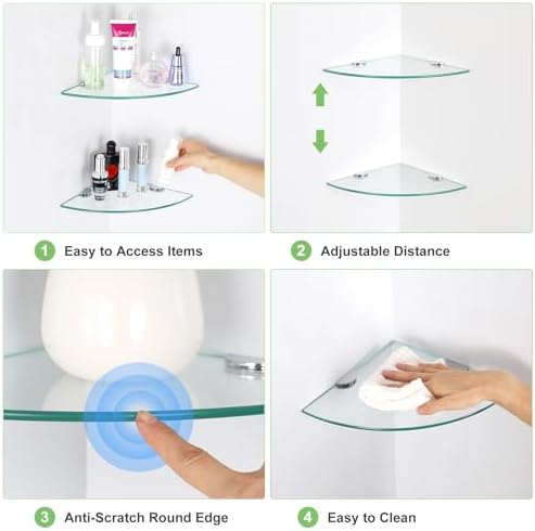 3 Pack Glass Corner Shower Shelves, Tempered Floating Glass Shelves Wall Mount, Shower Caddy Organizer, Bathroom Corner 