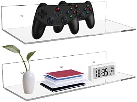 Sezanrpt 17 Inches Acrylic Wall Shelves 2 Pack, Floating Shelf for Wall Mounting, Acrylic Display Ledges for Funko Pop Figures, Home Décor, Living Room, Gaming Room, Plants(17 inch, Clear)