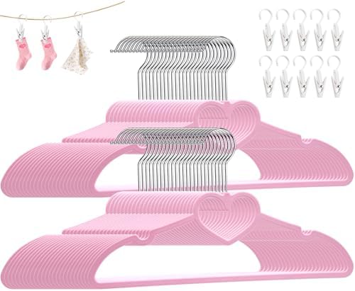 Plastic Hangers 80 Pack, Pink Clothes Hanger with 10 Clips- Ultra Thin Space Saving with 360 Degree Swivel Hook -Strong Adult for Dress,Shirt,Coats